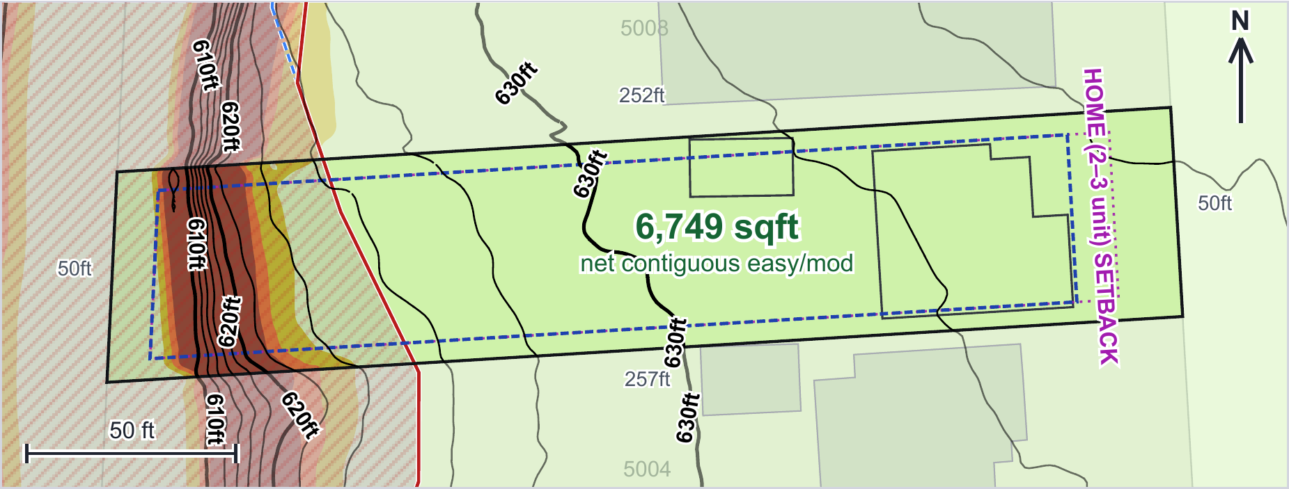 The complete Ground and Placement map: slope colors and contours across the lot, existing buildings, setbacks, creek and flood limits, and the ground-area estimate.