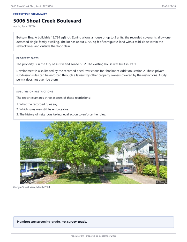 Executive summary page 1: property overview.