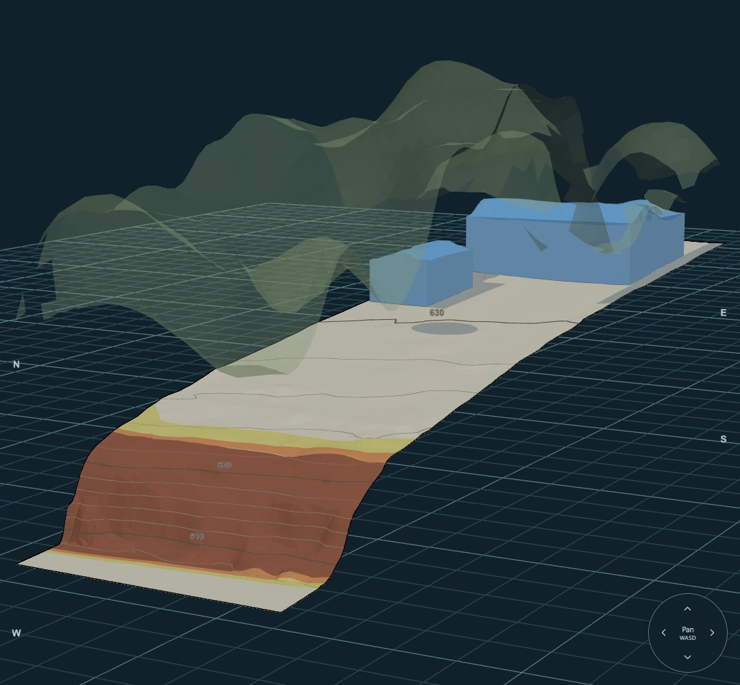 The actual Shoal Creek model: tree canopy, existing house and sloping ground.